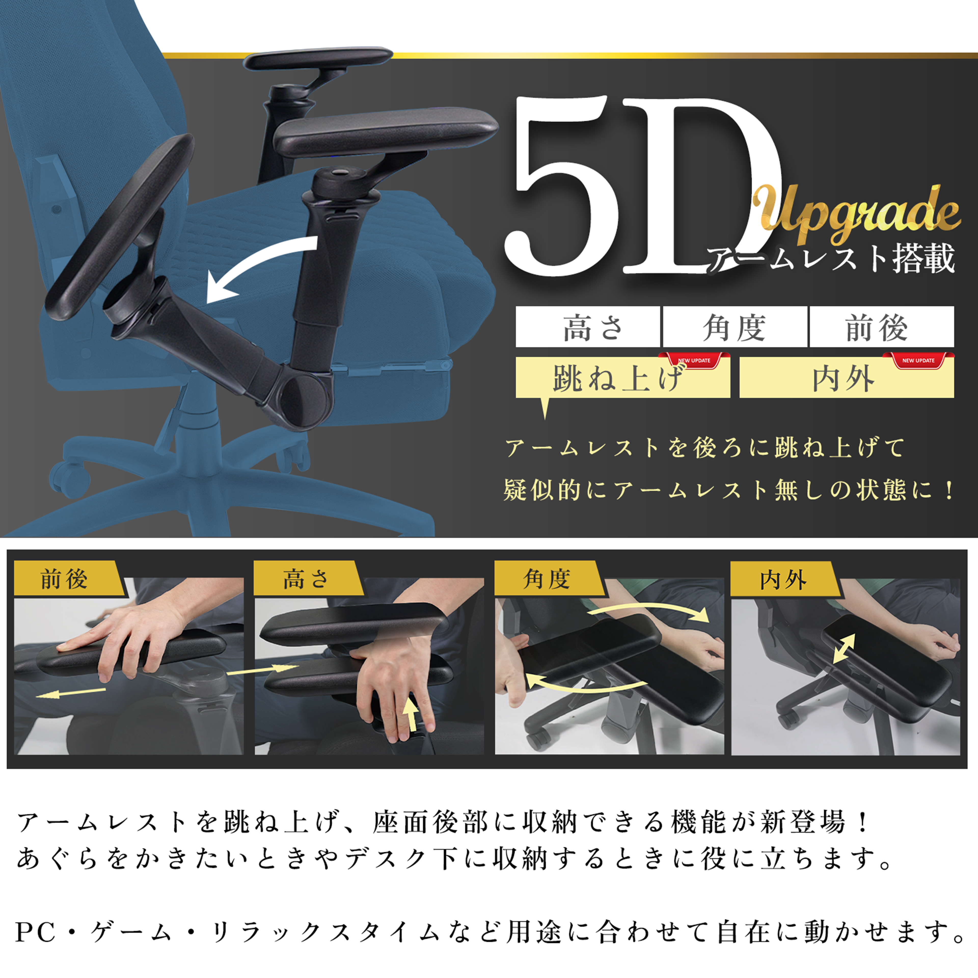 5Dアームレスト 高さ・角度・前後・内外・跳ね上げ