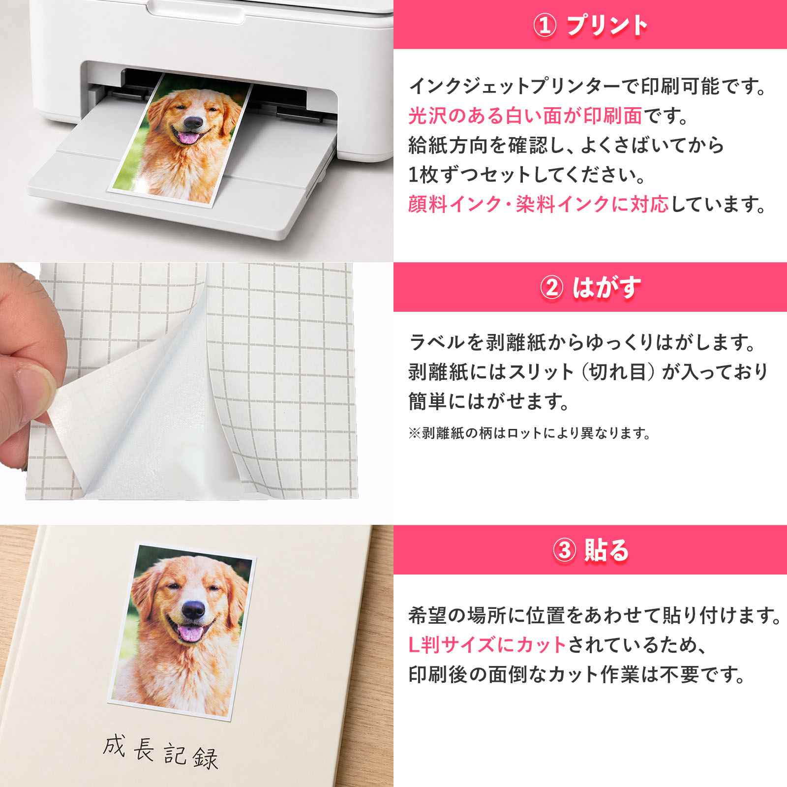 L判光沢写真ラベルシールの印刷・はがす・貼る手順